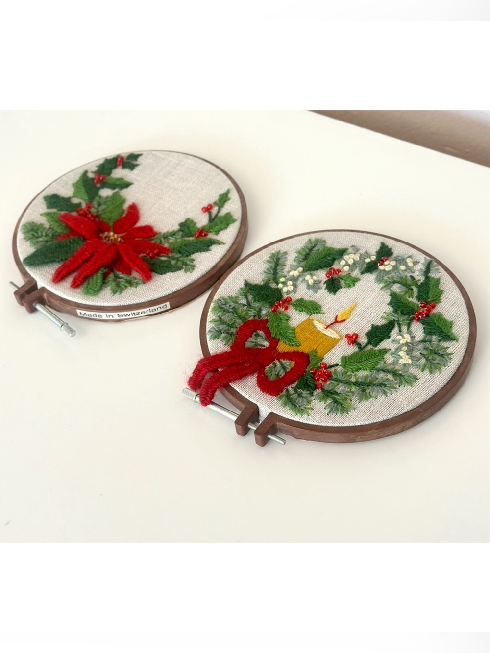 Handmade Christmas Embroidery Hoop Poinsettia Candle Holiday Wreath Art Set